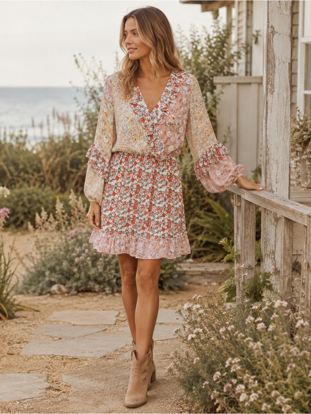 Anthropologie Mixed Floral Ruffle Midi Dress in Pink and Cream